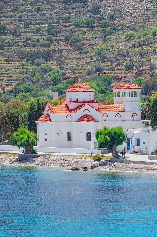 View of Agios Nikolaos Church, Livadia, Tilos Island, Dodecanese Islands, Greece