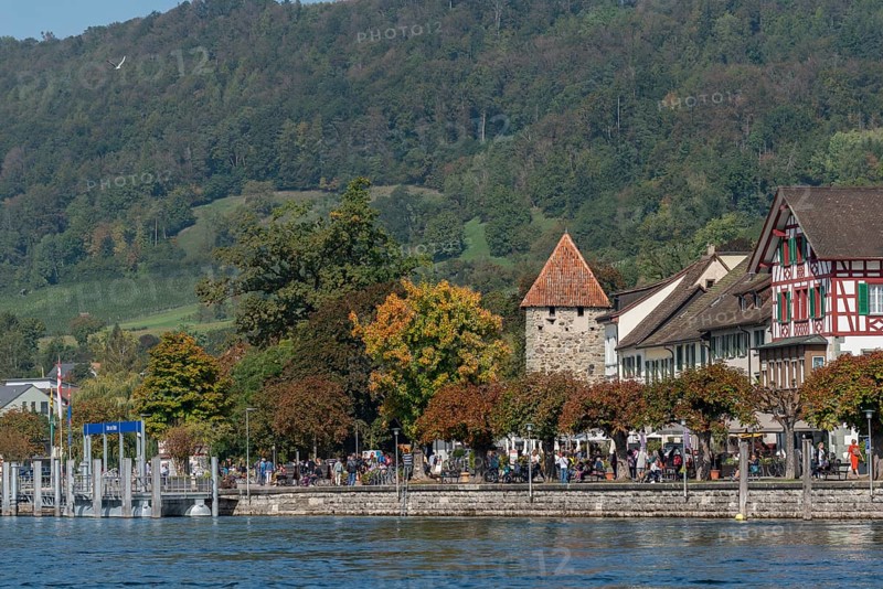 Riverside promenade, Stein am Rhein, town gate, half-timbered houses, Canton Schaffhausen, Switzerland