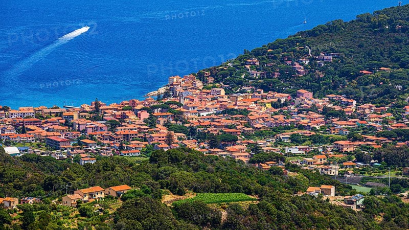 Marciana Marina, view from Marciana Alta, Elba Island, Tuscan Archipelago National Park, Tuscany, Italy