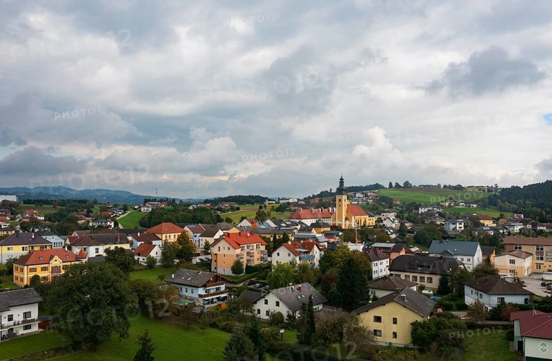 Drone image, view of village with parish church, Münzbach, Mühlviertel, Upper Austria, Austria