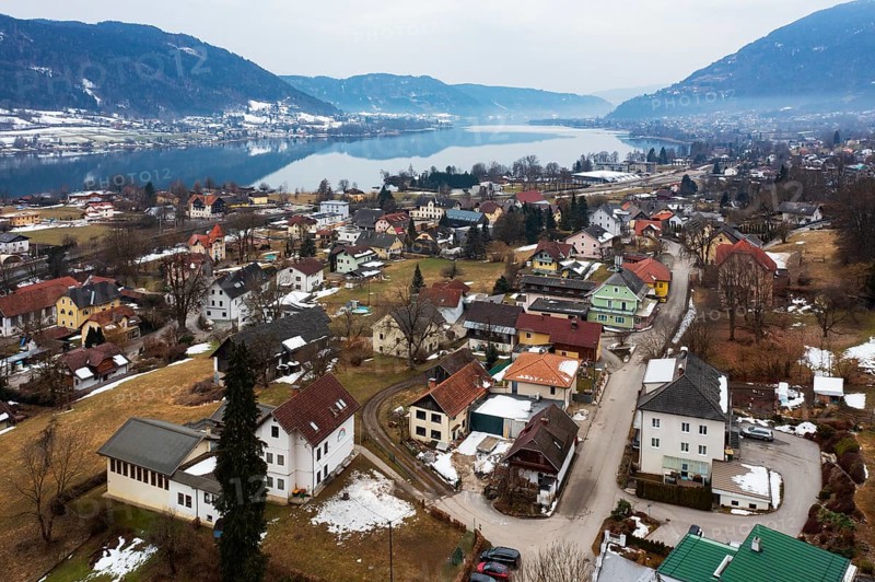 Drone image, residential buildings, view of the village, Steindorf am Lake Ossiach, Carinthia, Austria