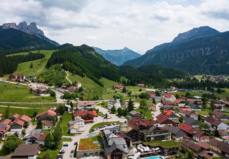 Drone image, view of the village, Grän, Tannheimer Tal, Reutte district, Tyrol, Austria