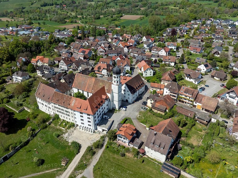 Aerial view of the former Augustinian canons' monastery and collegiate church in the Höri community of Öhningen, Höri peninsula, Lake Constance, Constance district, Baden-Württemberg, Germany