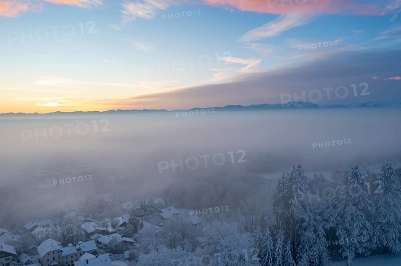 Loisach valley with Eurasburg, Schlossberg, winter at sunrise, drone shot, Upper Bavaria, Bavaria, Germany