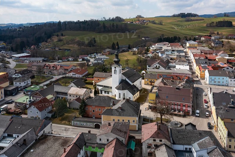 Drone image, view of the town, Lembach im Mühlkreis, Mühlviertel, Upper Austria, Austria