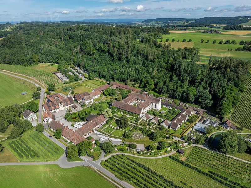 Aerial view of Ittingen Charterhouse, a former Carthusian monastery, today a cultural centre, conference centre, museum, hotel, restaurant and estate, Warth-Weiningen, Canton Thurgau, Switzerland