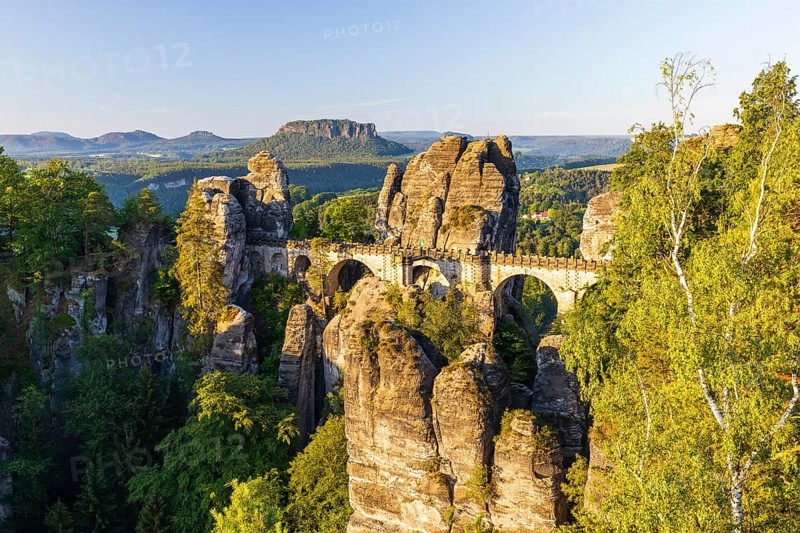 Panoramic view of the Bastei with Neurathen Castle and Wehlgrund, Lilienstein in the background, Saxon Switzerland, Saxony, Germany