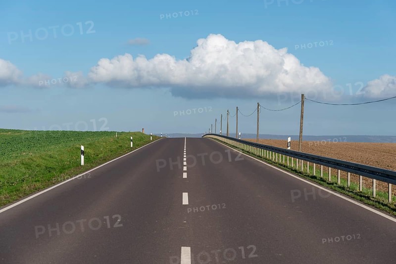 Empty main road, old wooden electricity pylons, white cloud in the blue sky, Halberstadt, Saxony-Anhalt, Germany