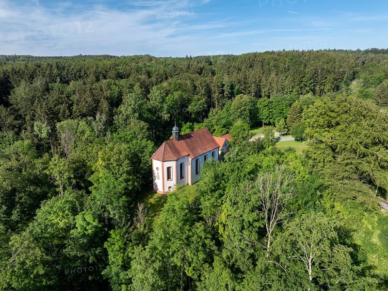 Aerial view of the Schenkenberg Chapel built in 1722, a pilgrimage chapel in a forest near Emmingen-Liptingen, district of Tuttlingen, Baden-Württemberg, Germany