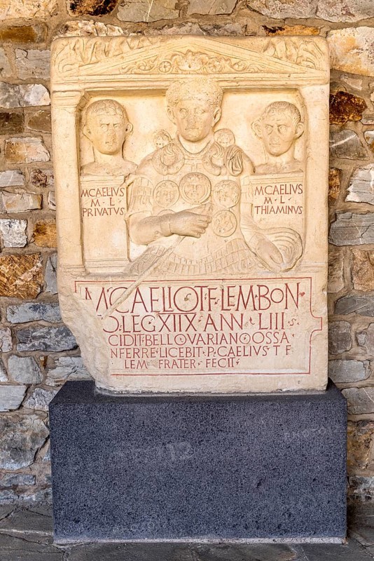Relief in stone, gravestone of officer Marcus Caelius, Caelius Stone, Roman fort Saalburg, reconstructed cohort fort, museum, archaeological park, Upper Germanic Raetian Limes, border of the Roman Empire, Bad Homburg vor der Höhe, Taunus, Hesse, Germany