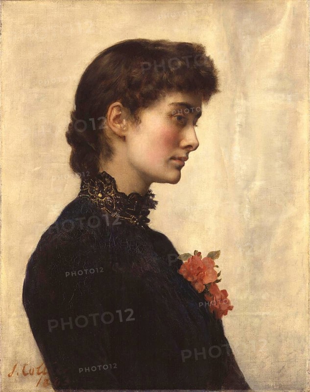 A portrait of a woman in profile with black clothing and a red flower against an ivory-coloured background. Marian Collier, née Huxlev, painting by John Maler Collier (28 January 1850, 11 April 1934), British writer and painter, Historical, digitally restored reproduction from a 19th century original, Record date not stated