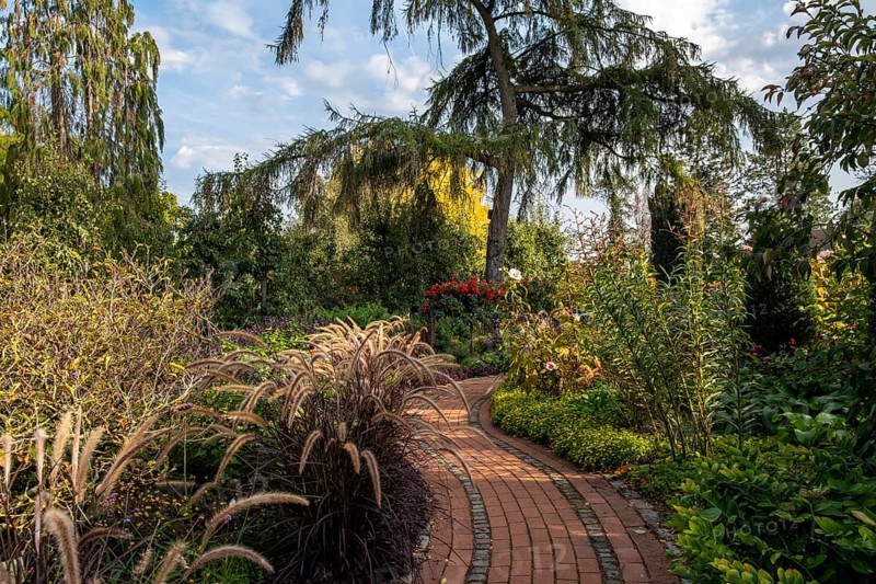 A curved brick path leads through a well-tended garden with lush vegetation and blooming flowers, Kreislehrgarten Steinfurt, Burgsteinfurt, Münsterland, North Rhine-Westphalia, Germany