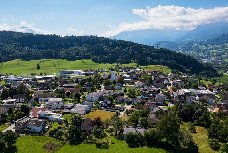 Drone image, view of village with parish church, Göfis, Walgau, Vorarlberg, Austria