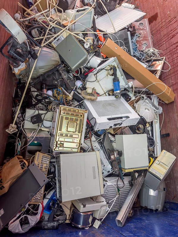 Electronic scrap in recycling container Ystad, Skåne county, Sweden, Scandinavia