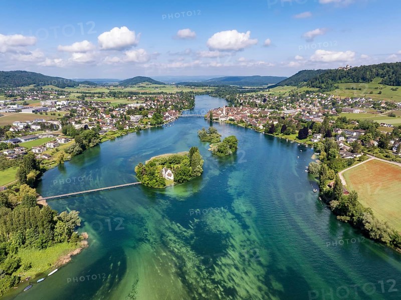 Aerial view of the Werd archipelago in the westernmost part of Lake Constance, Lake Rhine, between Eschenz and Stein am Rhein, Canton Thurgau, Switzerland