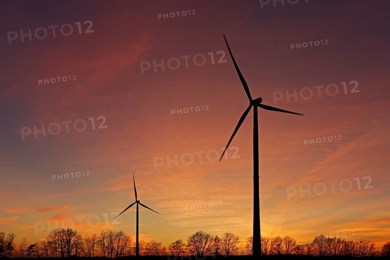 Sunset, wind turbines, trees, silhouettes, Melbeck, Samtgemeinde Ilmenau, Lower Saxony, Germany