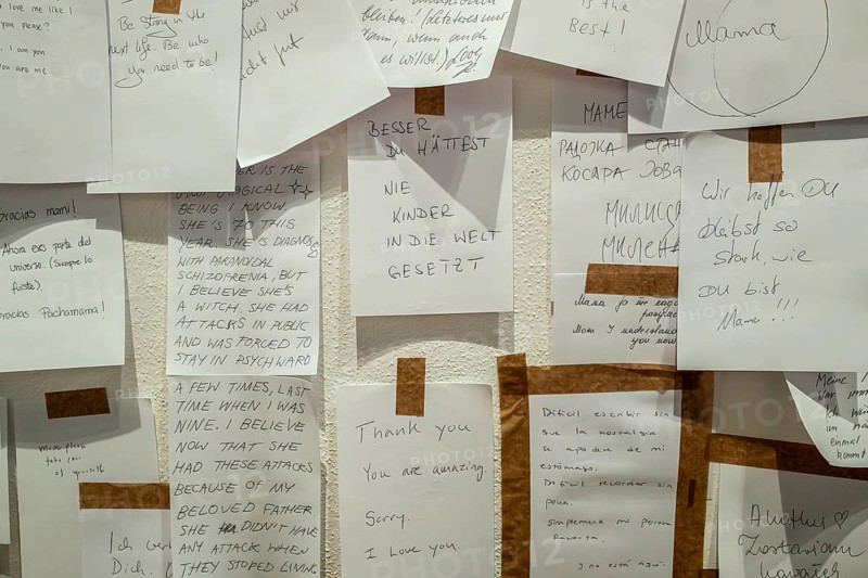 Gropius Bau Berlin, interior view, room with countless post it at the end of an exhibition, Berlin, Germany