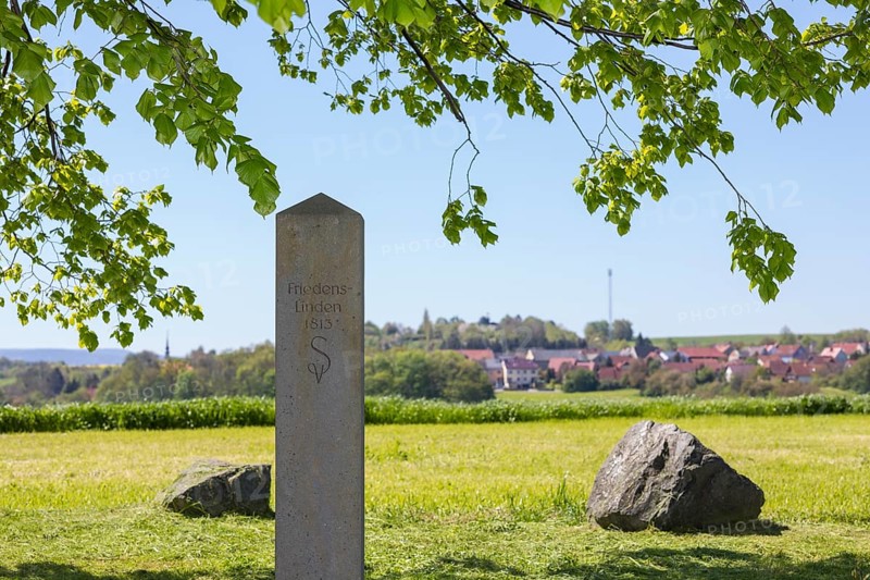 Memorial stone Friedenslinden 1813, in the background the village of Maxen with Finckenhöhe, Müglitztal, Saxony, Germany