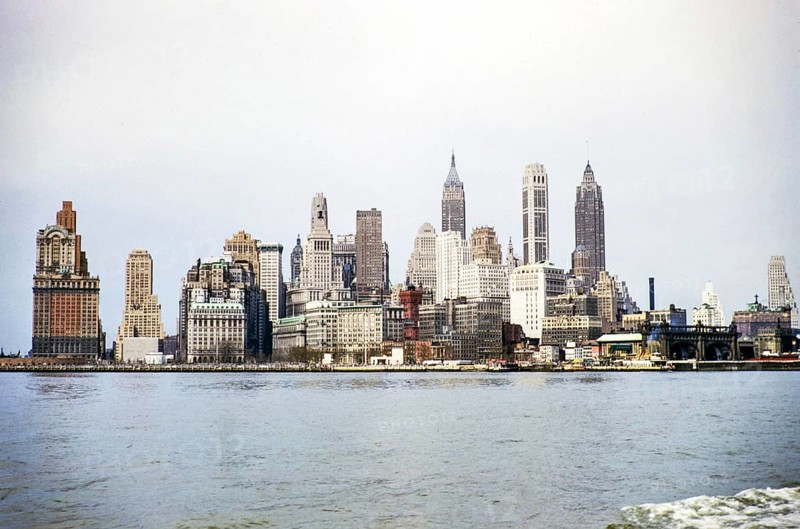 City skyline with skyscrapers, Manhattan, New York, NY State, USA around 1953