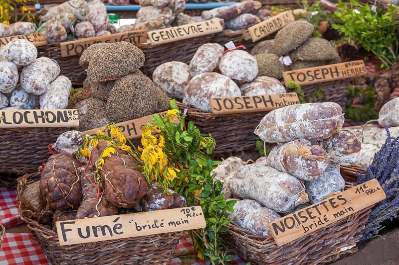Market stall with different kinds of sausage, Vaucluse, Provence-Alpes-Cote dAzur, South of France, France