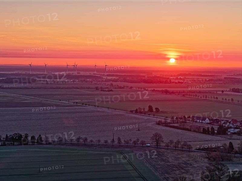 Sunrise over the countryside in the Drömling UNESCO Biosphere Reserve in the Altmark on a cold spring day. aerial view. Dannenfeld, Gardelegen, Saxony-Anhalt, Germany