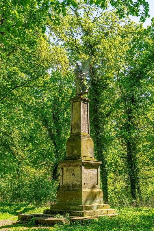Victoria Monument, angel statue perforated by bullets during the Second World War in the park of Tamsel Castle, Dabroszyn, Witnica, Lubuskie Voivodeship, Poland