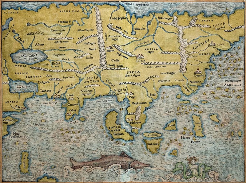 Asia, hand-coloured woodcut map from Sebastian Münster Cosmographey oder Beschreibung aller Länder, Basel 1578