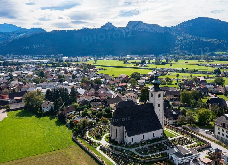 Drone image, view of village with parish church, Oberalm, Flachgau, Salzburg province, Austria