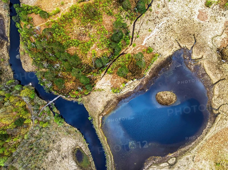 Top Down over Callop River and Marshes from a drone, Loch Shiel, Glenfinnan, West Highland, Scotland, United Kingdom