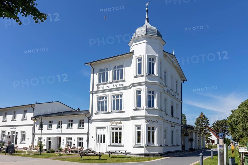 An impressive historic hotel in white style under a clear blue sky, Rügen, Hiddensee