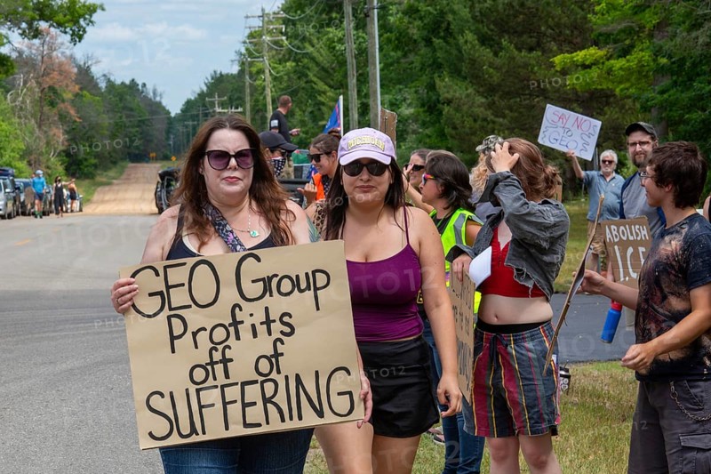 Baldwin, Michigan USA - 4 July 2025 - Activists rally against the North Lake Correctional Facility, which has just been reopened as the largest immigrant detention center in the Midwest. The rural Michigan facility is owned by the GEO Group and will house immigrants detained by ICE