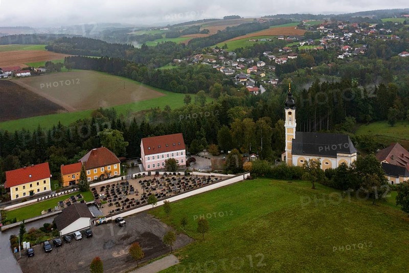 Drone image, residential buildings, view of village with church, Brunnenthal, Innviertel, Upper Austria, Austria