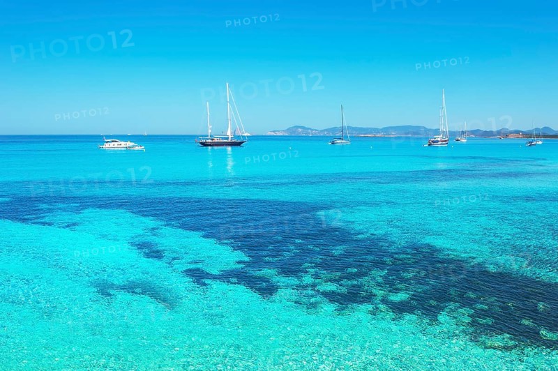 Sailing boats anchored at Ses Illetes beach, Formentera, Balearic Islands, Spain