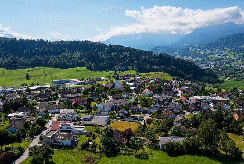 View of the village with parish church, Göfis, Walgau, Vorarlberg, Austria