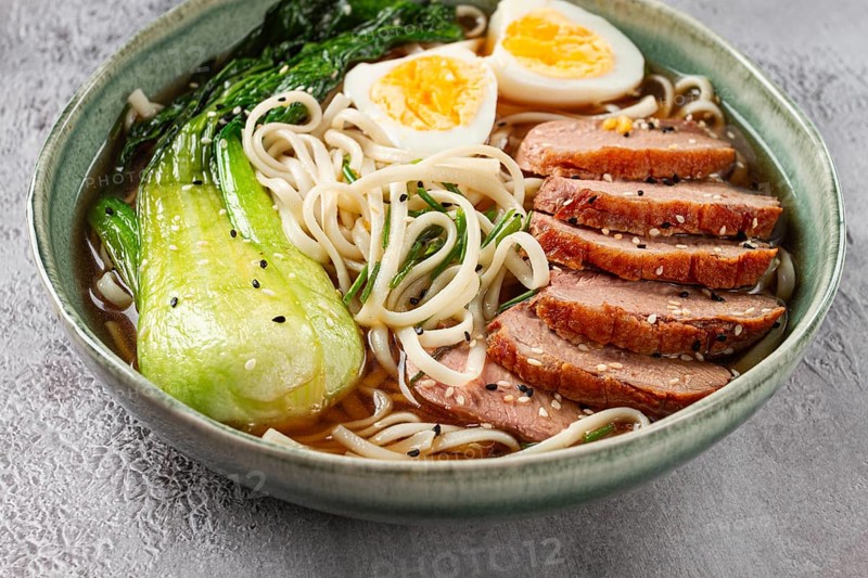 Ramen soup with duck and noodles, with eggs and bok choy, homemade, no people