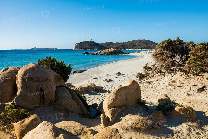 Lonely beach and rocks, Spiaggia di Porto Giunco, Villasimius, south coast, Sardinia, Italy
