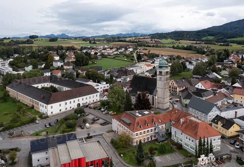 Drone image, view of village with parish church, Pettenbach, Traunviertel, Upper Austria, Austria