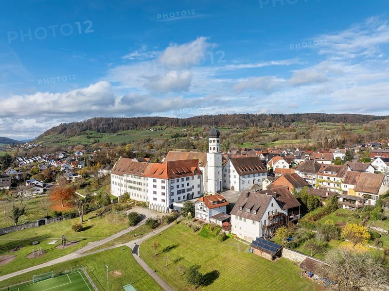 Aerial view of the former Augustinian canons' monastery and collegiate church in the Höri community of Öhningen, Höri peninsula, Lake Constance, Constance district, Baden-Württemberg, Germany