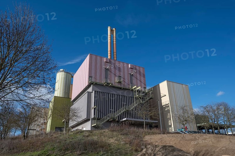 Colourful waste-to-energy plant, Würzburg, Lower Franconia, Bavaria, Germany