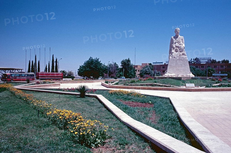 Monument of Hafiz al-Assad in Medina es Saura, Lake Assad, Syria, May 1987, vintage, retro, old, historical