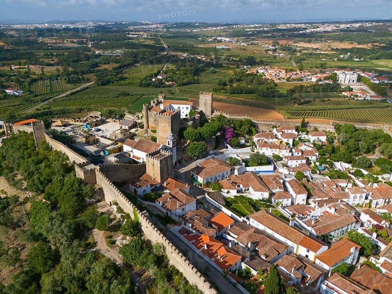 Aerial view of a town with red roofs and historic buildings, surrounded by castle walls and embedded in green landscape, town, castle, Castelo de Óbidos, town wall, Óbidos, Obidos, Oeste, Centro, Estremadura, Portugal