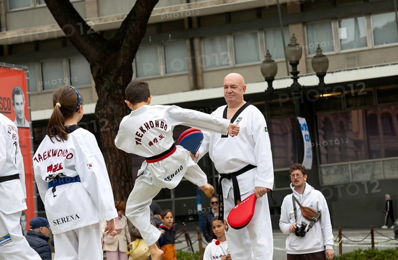 Public display of Taekwondo martial art in city of Porto, Portugal