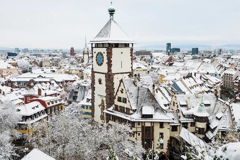Panorama with snow-covered houses, Old Town, Freiburg im Breisgau, Black Forest, Baden-Württemberg, Germany