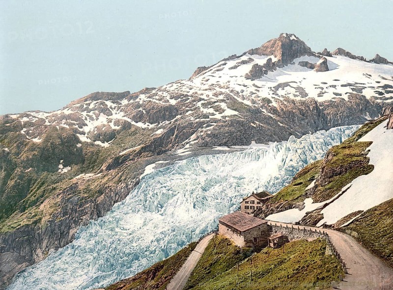 Furka Pass and Rhone Glacier, Bernese Oberland, Switzerland, Historic, digitally restored reproduction from a 19th century original, Record date not stated, Furka Pass and Rhone Glacier, Bernese Oberland, Switzerland, Historic, digitally restored reproduction from a 19th century original, Record date not stated