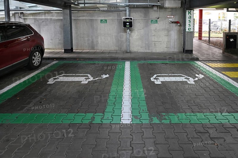 Charging spaces for electric cars in a multi-storey car park, Fürth, Middle Franconia, Bavaria, Germany