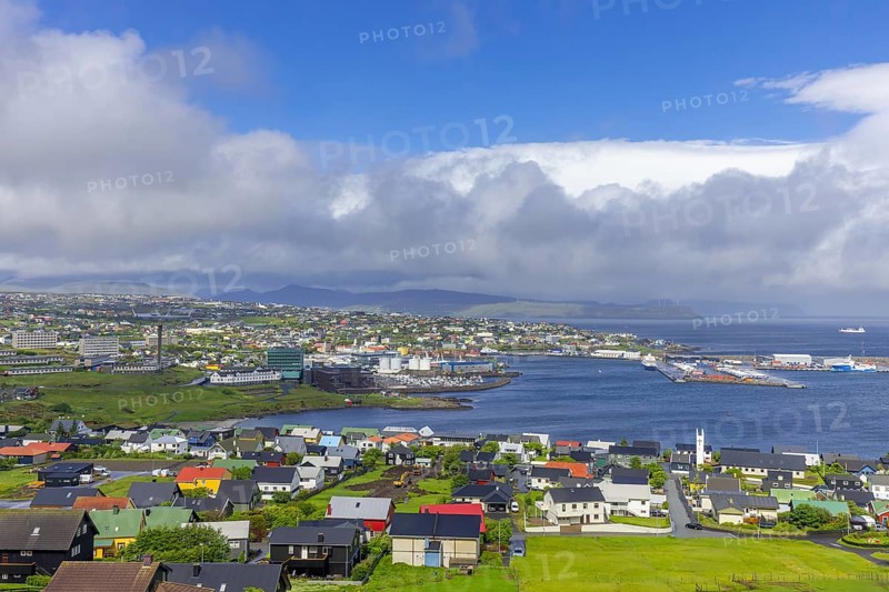 Aerial view over the city and harbour of Tórshavn, Thorshavn port and marina on the island Streymoy, Faroe Islands
