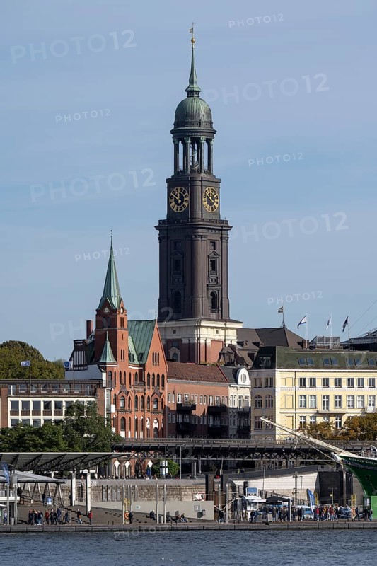 View of the Landungsbrücken, St.Michaelis, Michel, Hamburg, Germany from the Steinwerder viewpoint