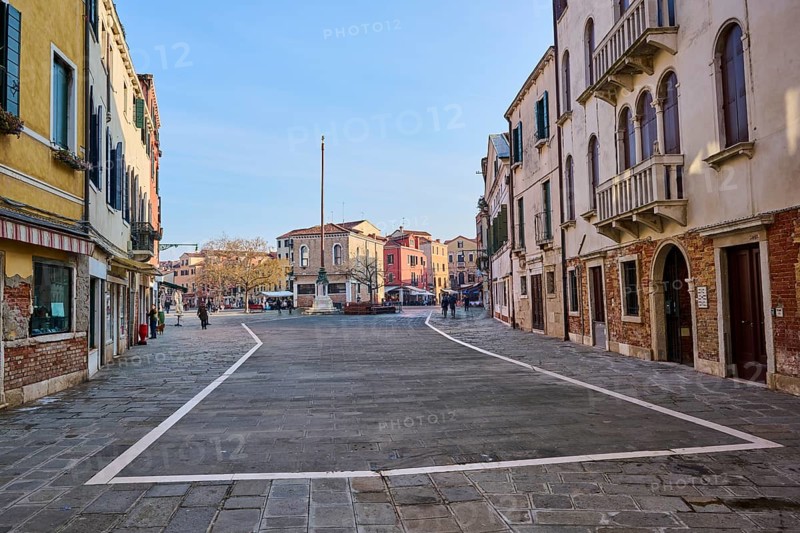 Houses on 'Campo santa margherita' town square in Venice on a sunny day in winter, Italy