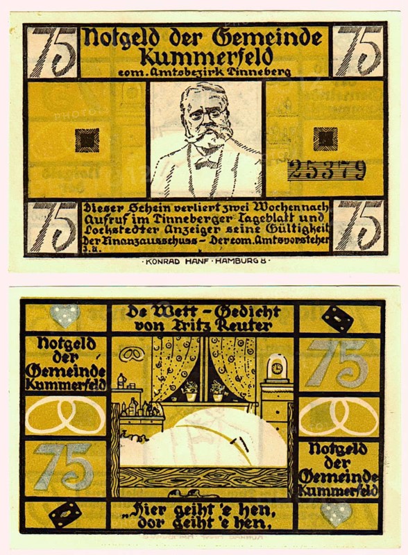 Banknote, emergency money of the municipality of Kummerfeld near Pinneberg, 75 marks, ca 1922, Germany, reproduction of a historical banknote