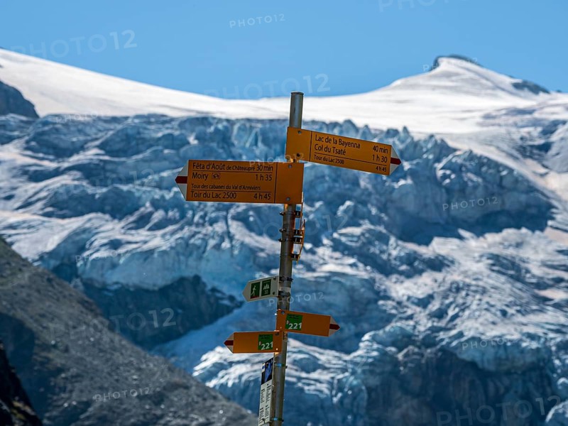 Hiking signpost at the Moiry glacier, Valais, Switzerland